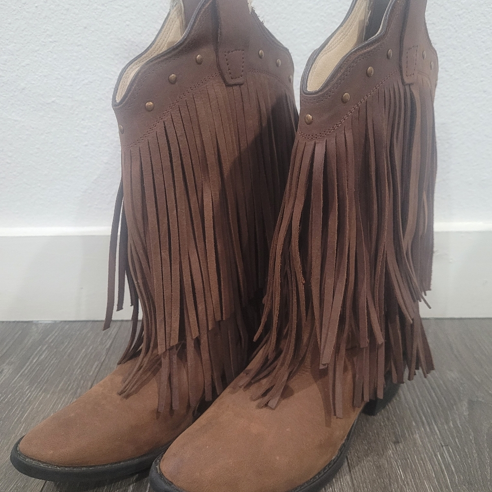 Old West Cowboy Boots Leather 8235 Fringe Brown Girls 2D  Western 2 Row Stitch